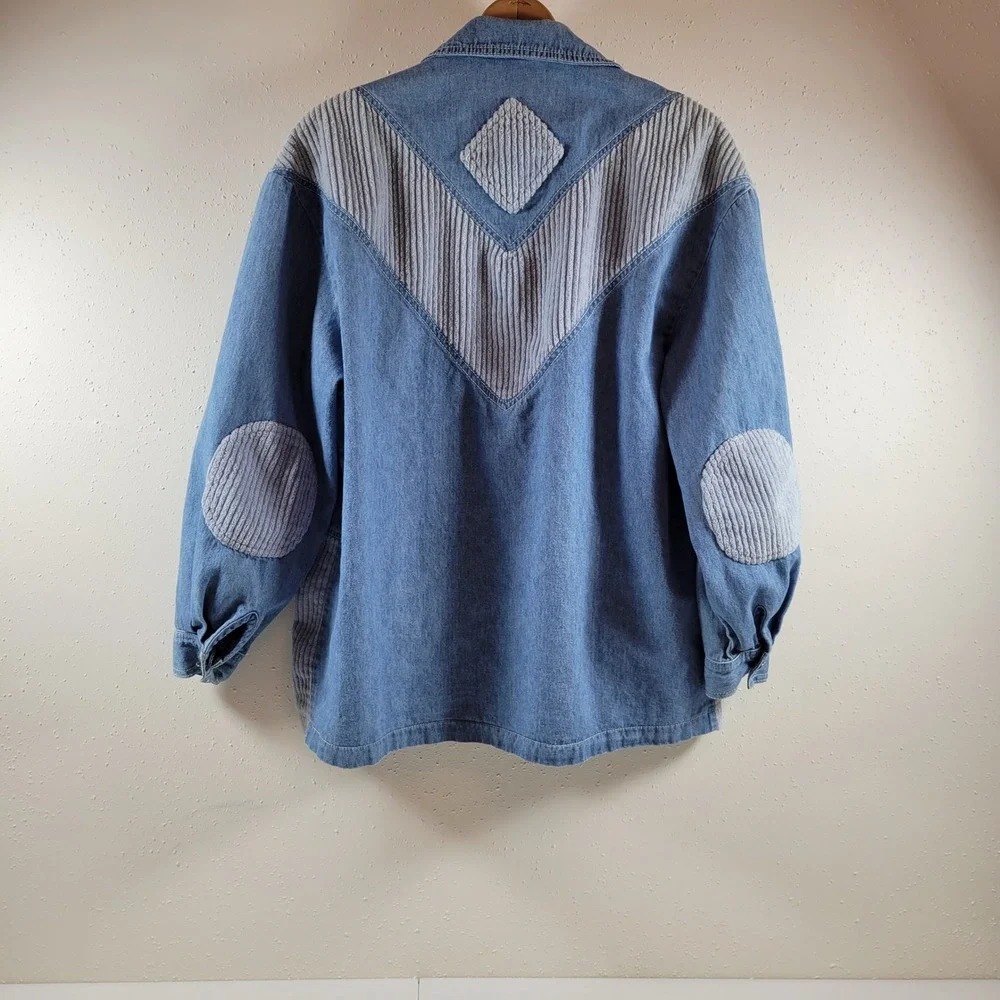 Vintage B.X.B Denim Jacket Women L Blue Corduroy Mixed Media Michigan Buttons - Picture 2 of 9
